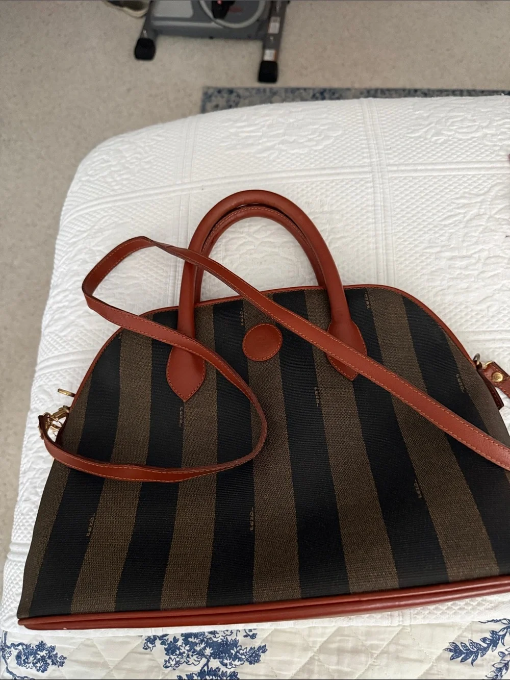 Fendi Women’s Striped Dome Satchel in Brown and Black with Tan Handles